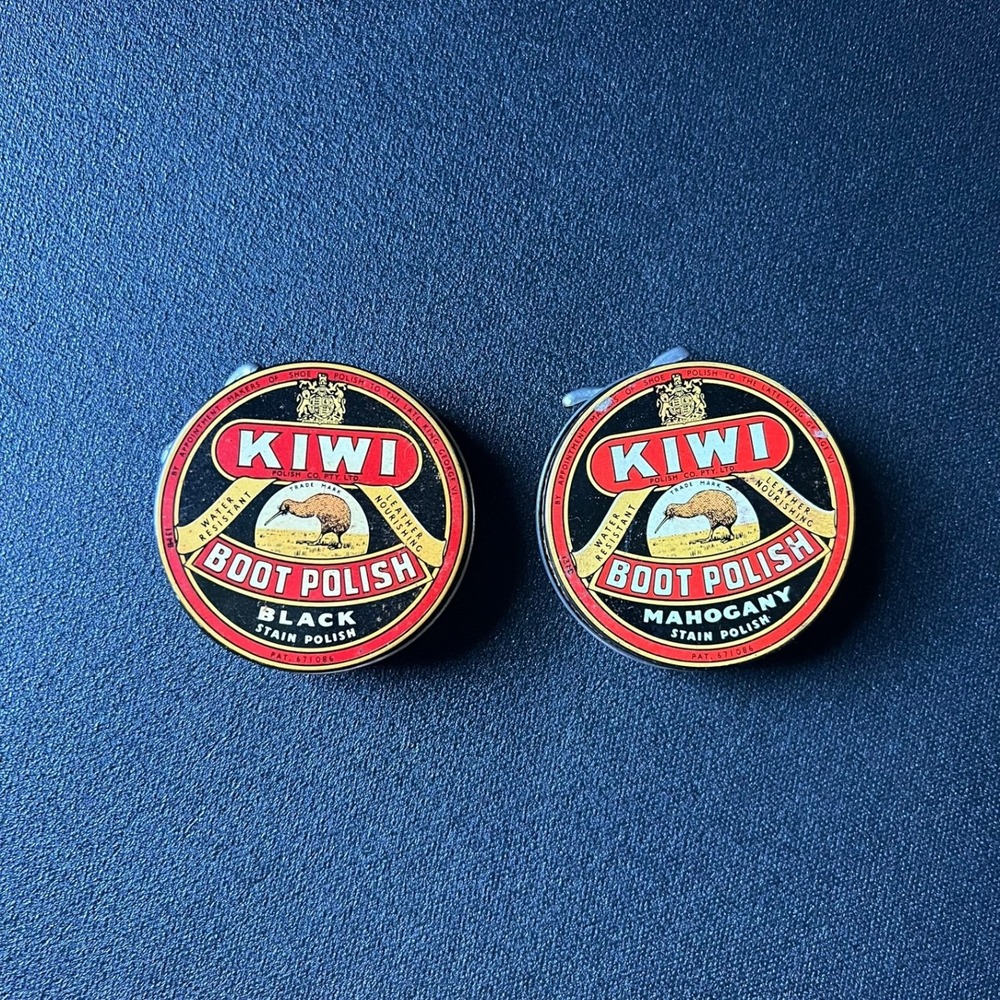 Vintage Kiwi Boot Polish Tins Black and Mahogany Made in England Set of 2